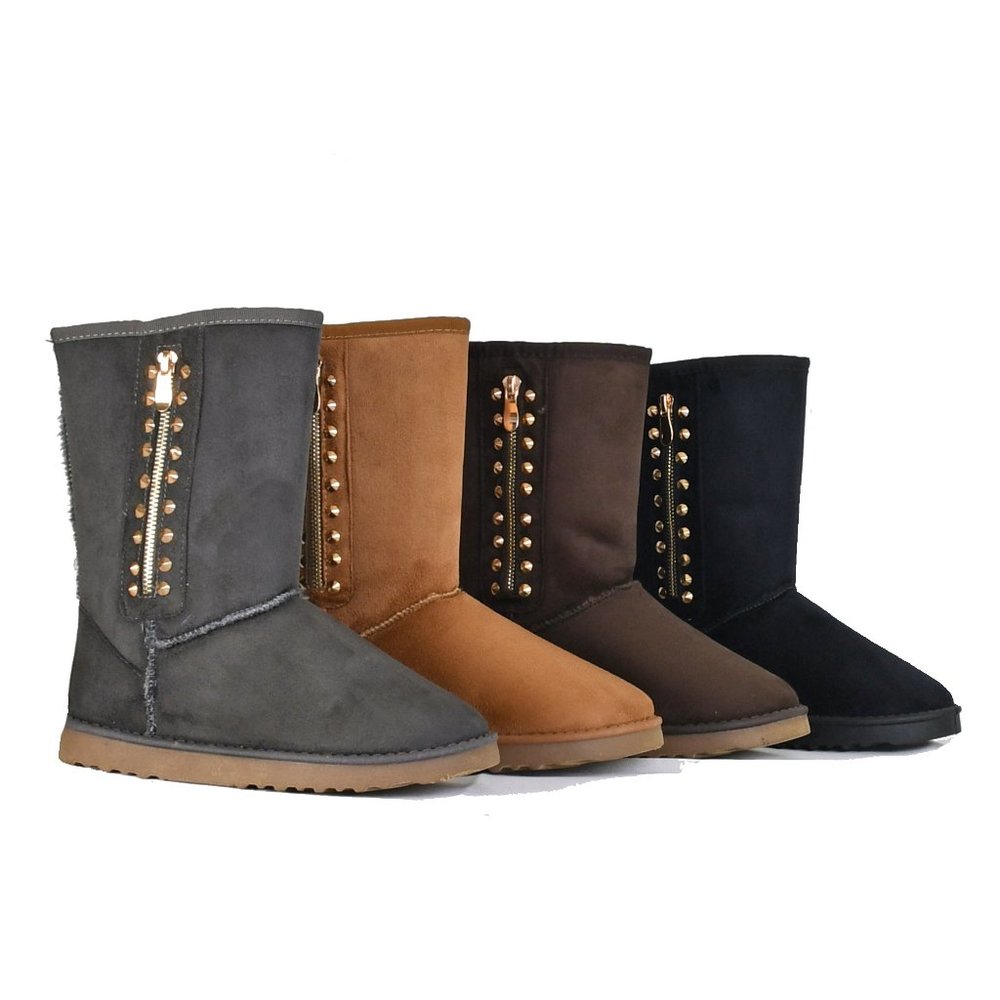 Gray Warm Winter Mid Calf Faux Suede Flat Boots